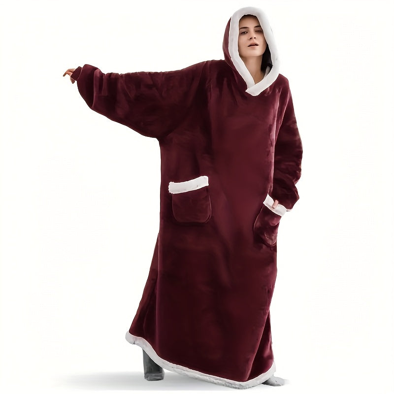 1pc Oversized Blanket Sportswear Super Soft And Warm Winter Giant Adult Wearable Blanket Hooded Jacket, Thick And Warm Hoodie Jacket Ultra Long Wearable Blanket Women'S Men'S Pocket Lazy Dress