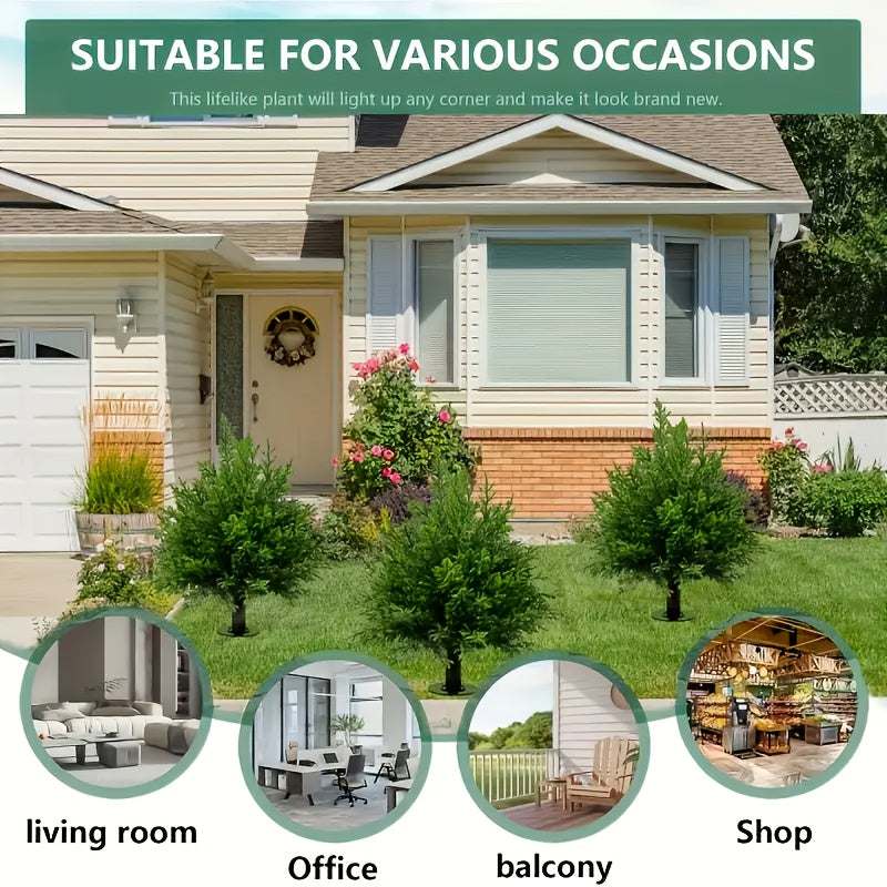 3 Large Artificial Cedar Shrubs with Ground Spikes, UV-Resistant Faux Cypress/Pine Shrubs, Outdoor and Indoor Porch Garden Decoration, All-Season Holiday and Home Outdoor Decoration, Durable Plastic Artificial Greenery