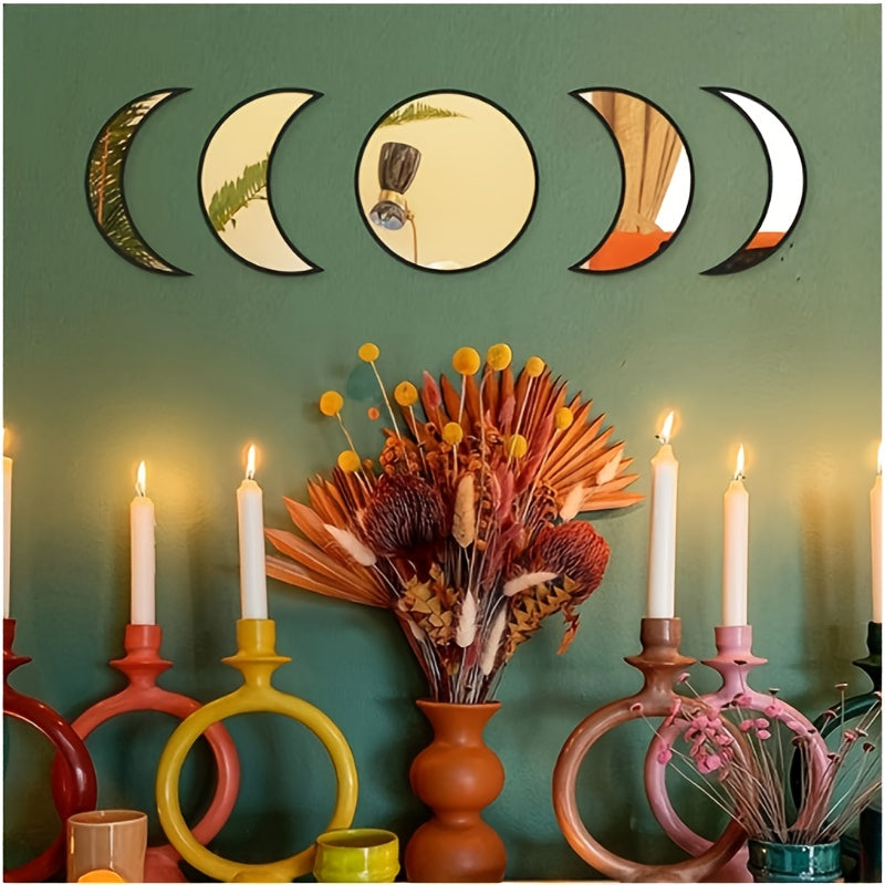 Wall Decor Moon Phase Mirror Set, 5pcs Scandinavian Natural Acrylic Wall Decorative Bohemian Home Decor Mirror for Living Room Bedroom Apartment Flat