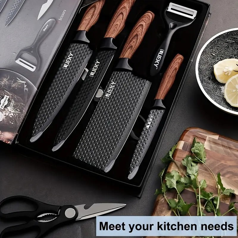 Professional Forged Stainless Steel Kitchen Knife Set(7pcs/6pcs)- Includes a Boning Knife, Slicing Knife, Carving Knife, Fish Knife, Butcher Knife, and Scissors. Suitable for Meat and Fish; Ultra-sharp and Durable Knives.