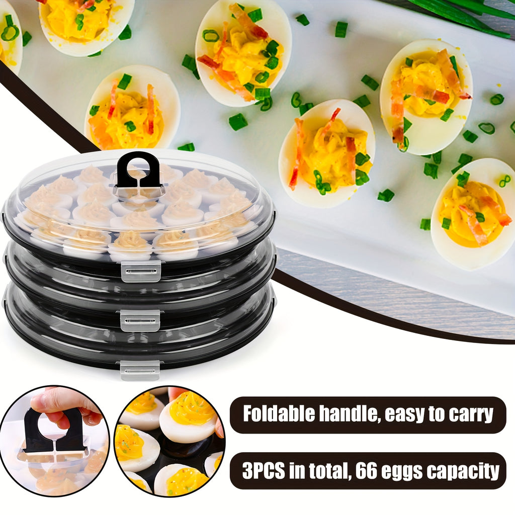 3pcs Deviled Egg Carriers For Kitchen, Black Plastic Round Egg Platters With Lid, 11.8Inch Portable Egg Tray With 66 Slots, For Large Capacity Kitchen Supplies For Valentine'S Day, Birthday Party, Family Gatherings, Wedding, Kitchen, Easter, Camping