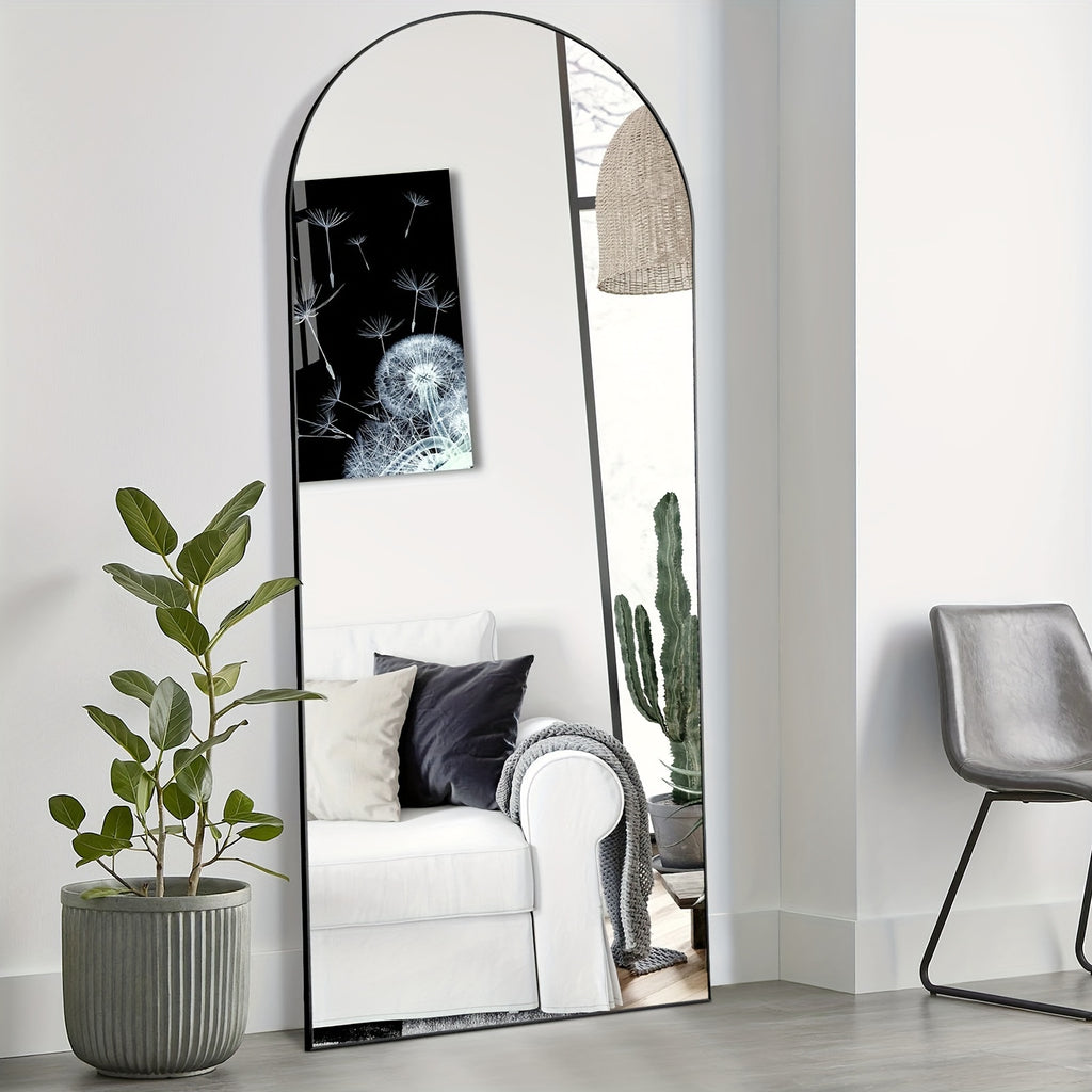 Arched Full Length 64" X 21"/ 59"x16"Mirror With Stand, Floor Mirror With Aluminum Alloy Frame For Bedroom, Standing Full Body Mirror With Shatter-Proof Nano Glass For Wall, Living Room, Cloakroom