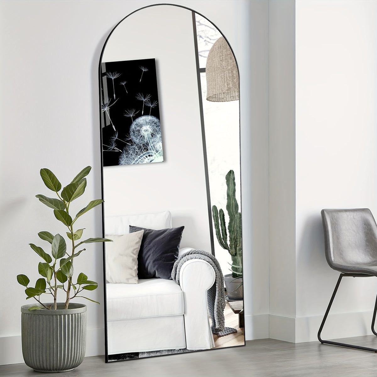 Arched Full Length 64" X 21"/ 59"x16"Mirror With Stand, Floor Mirror With Aluminum Alloy Frame For Bedroom, Standing Full Body Mirror With Shatter-Proof Nano Glass For Wall, Living Room, Cloakroom