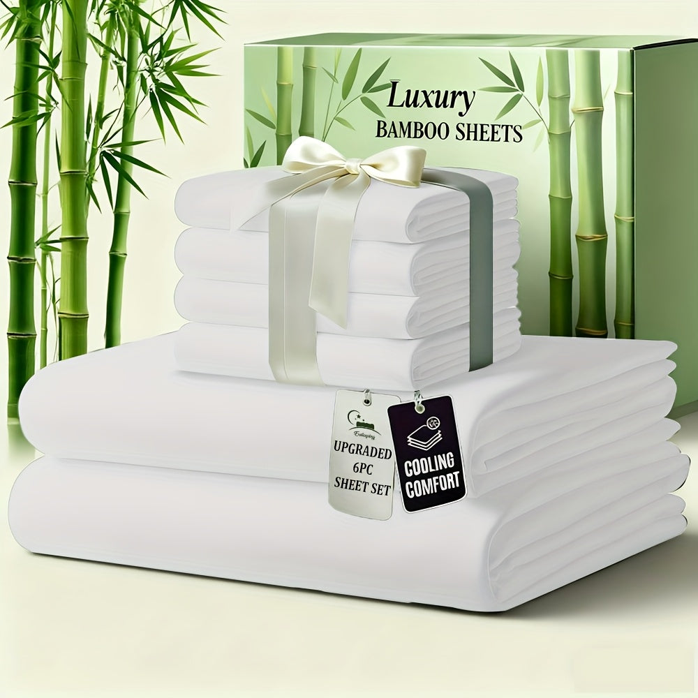 6pcs Luxury Bamboo Cooling Bed Sheet Sets - Viscose Derived From Bamboo Sheets Queen/King Size - Luxuriously Ultra Soft & Breathable Bedding Sheet Set - Deep Pocket Fitted Sheet with Bamboo Texture, Wrinkle-Resistant Soft Sheets