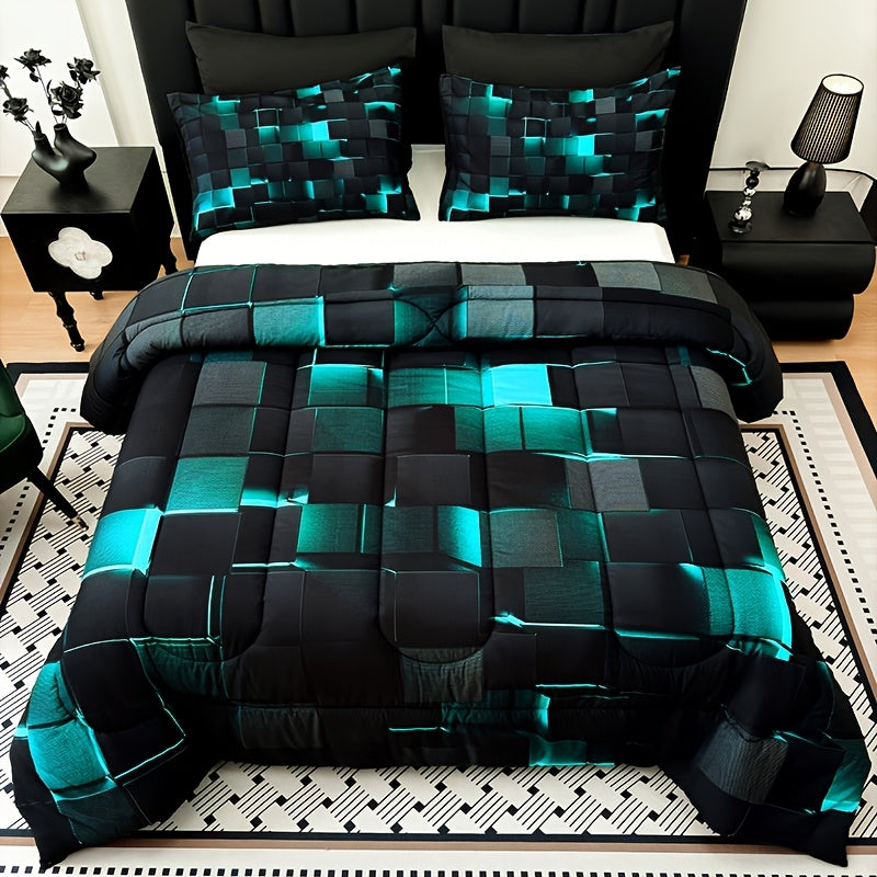 2D Flat Tog 4 3pcs Super Soft Fashion Sense Of Technology Grid Thickening Quilt Set (1 Comforter +2 Pillowcases Without Pillow Core), Contains Padding 180Gsm Quilting Soft Ventilate Digital Printing Bedroom Dormitory At Home Perfect Halloween Gift