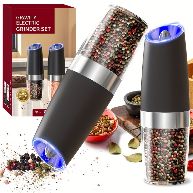 1pc/2pcs Electric Salt and Pepper Mill with Tilt Grinding, Pepper Grinder Suitable, Large Capacity ABS Mills, Adjustable Coarseness, One-Hand Operation & LED Light, Holiday Gifts for, Christmas