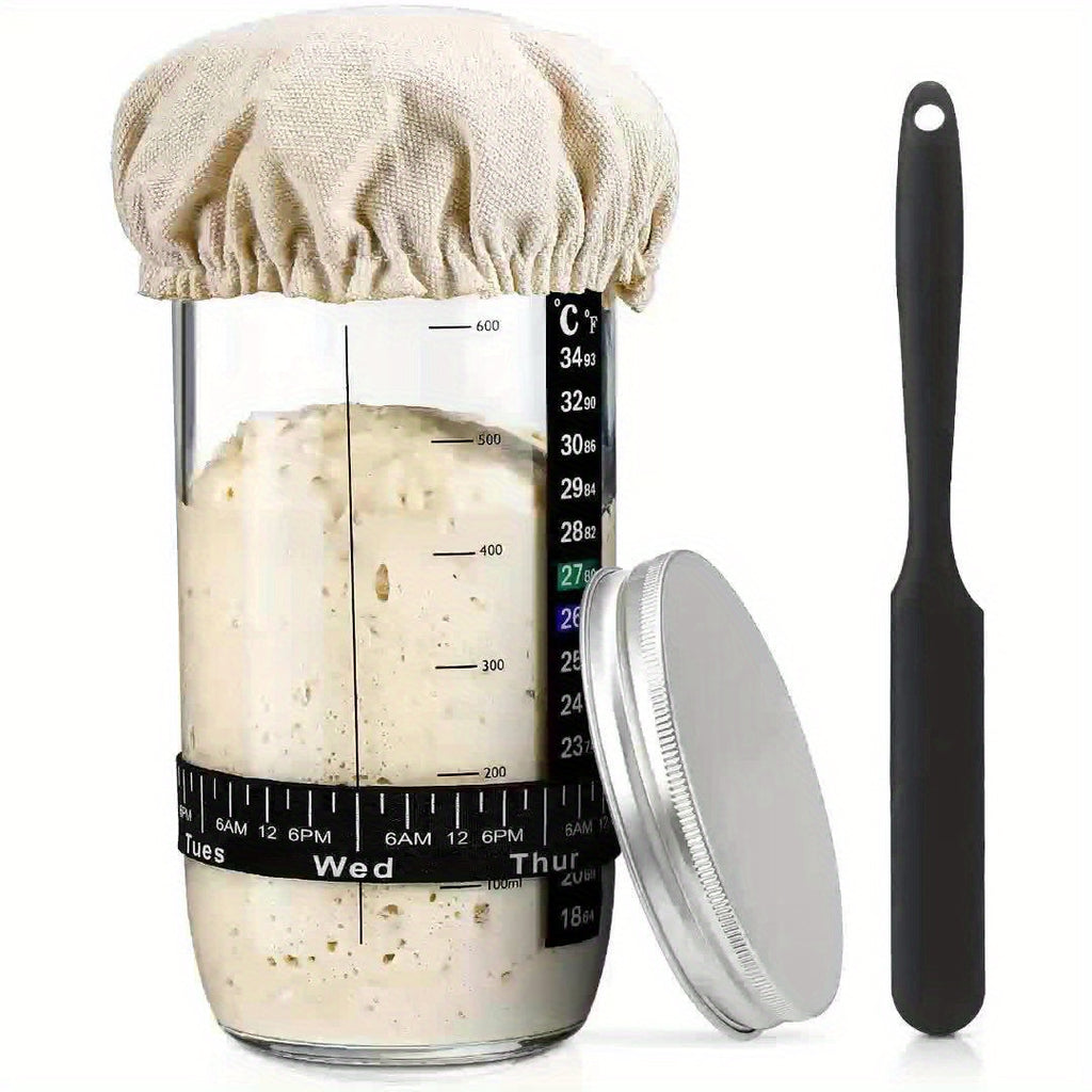 1/2pcs Fermentation Jar 24oz, Glass Jar with Auxiliary Label, Fermentation Jar Kit Set, Thermometer, with Scraper, Stitched Cloth Lid and Aluminum Lid, Suitable for Bread Baking Supplies, Juice Fermentation Glass Jar