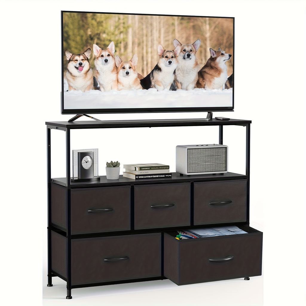5-Drawer Cabinet Tower, Father'S Day Gift, TV Stand for Bedroom, TV Dresser for 45 Inches, Media Console Table, Entertainment Center with 5 Fabric Drawers Cabinet And Open Storage Shelf Other (Furniture) Cabinet for Living Room, Hallway