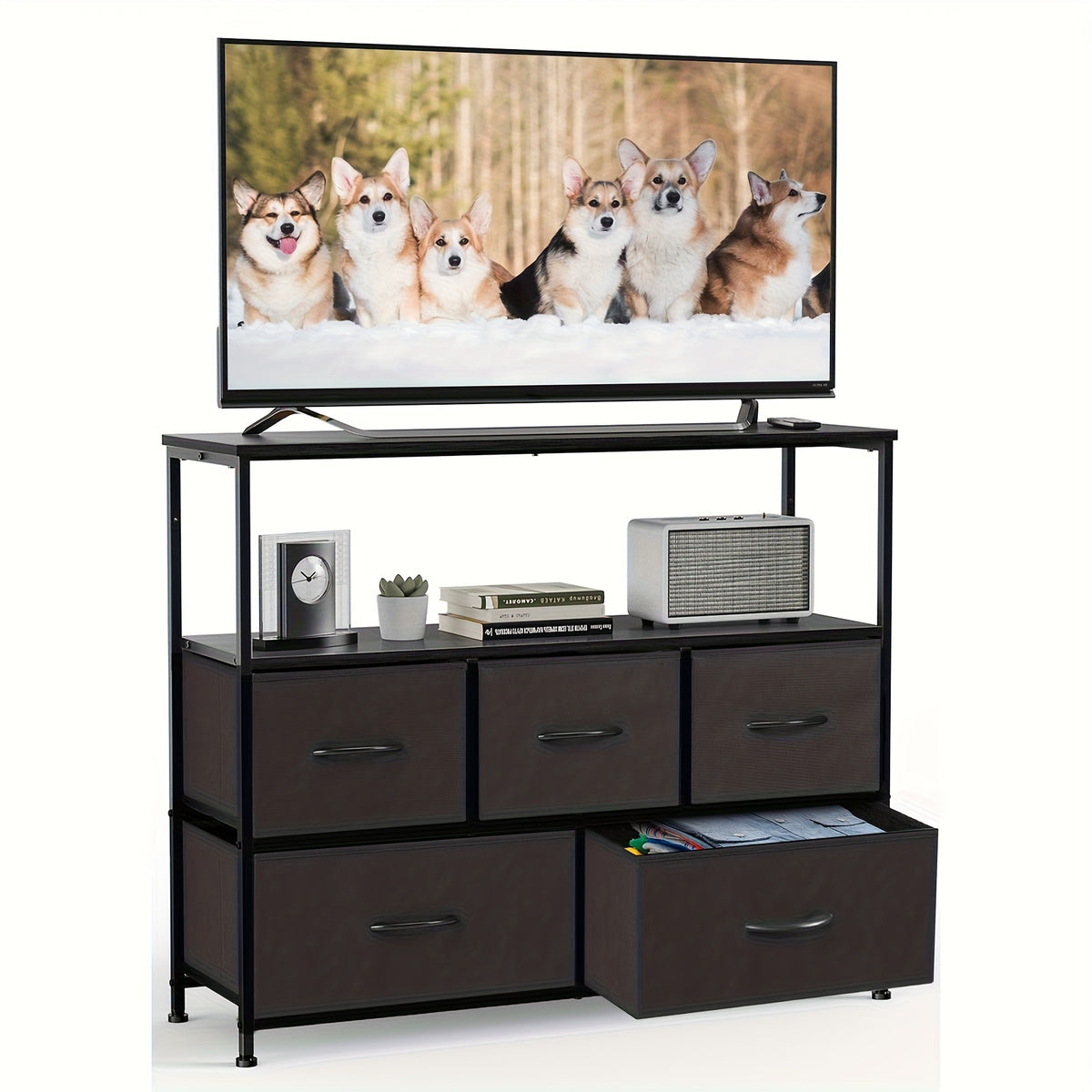 5-Drawer Cabinet Tower, Father'S Day Gift, TV Stand for Bedroom, TV Dresser for 45 Inches, Media Console Table, Entertainment Center with 5 Fabric Drawers Cabinet And Open Storage Shelf Other (Furniture) Cabinet for Living Room, Hallway