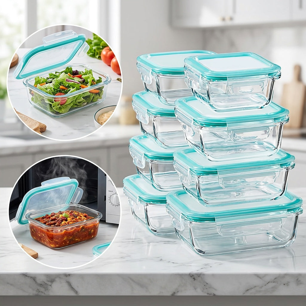16pcs Glass Container Seal Food Storage Box, Refrigerator Receive A Case, Seal Leak Proof, Easy To Clean Design, Microwave/freezer, Lunch Boxes | Sealed Storage | Durable Glass Box Lid Food Storage Containers (8 Lids + 8 Containers) Lunch Box