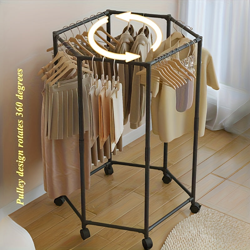 Hexagonal Rotating Garment Rack with Wheels - Heavy-Duty Freestanding 360-Degree Spinning Hanger Suitable for Laundry Room, Space-Saving Mobile Clothing Display, Sturdy Metal Frame for Home Storage & Retail Use, Portable Wardrobe