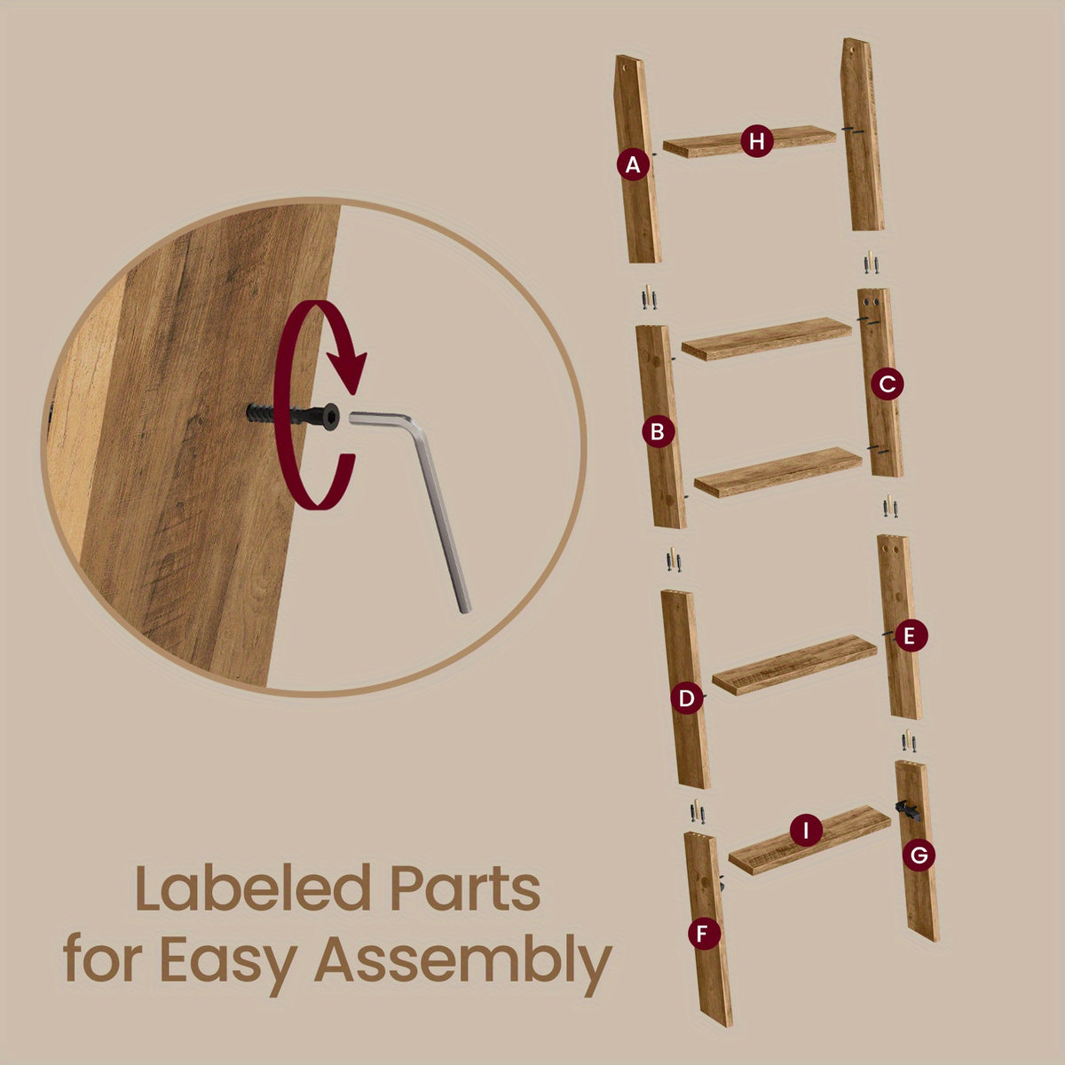 5-Tier Blanket Ladder Decorative Farmhouse for The Living Room, Maroon Brown Ladder Rack for Storage and Decor, Ladder Shelf, Towel Racks
