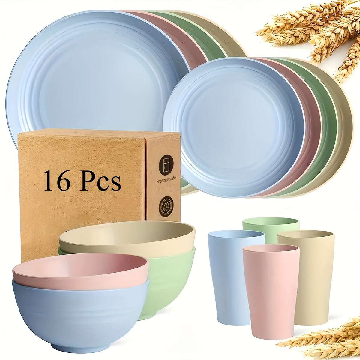 32/16pcs Dinnerware Set Made from Wheat Straw, Designed for 8 Or 4 People, Includes Kitchen Additions, Unbreakable Modern Plates, Dessert Plates, Bowls, And Cups. Safe for Dishwasher And Microwave, Lightweight for Camping And Daily Use