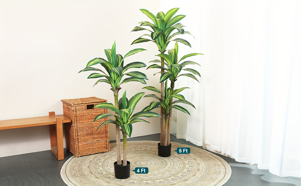 Artificial Dracaena Tree in Pot, 4 5 or 6 Foot Faux Plastic Tropical Floor Plant with Adjustable Branches and Leaves for Living Room and Home Office Decor