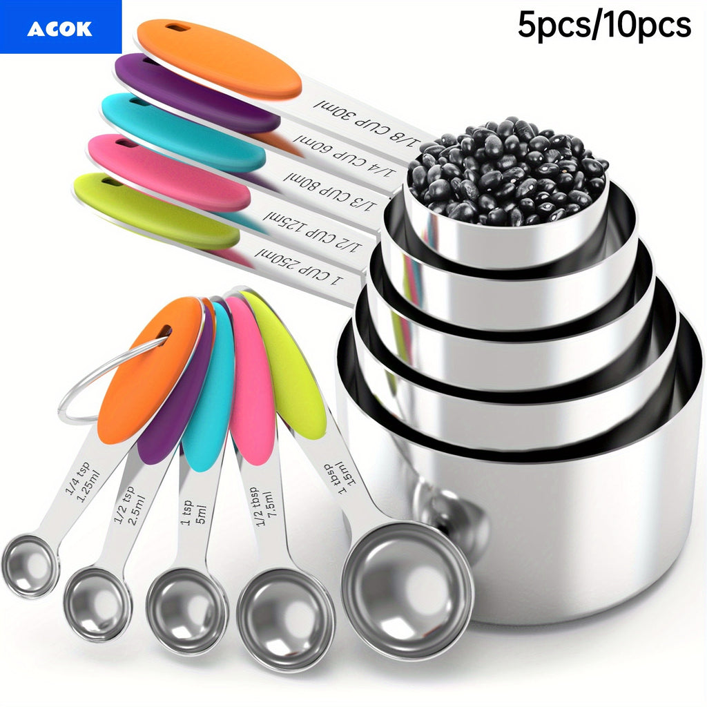 5pcs Measuring Spoon Set/10pcs Measuring Spoon Measuring Cup Set, Stainless Steel, With Silicone Handle, Precise Measuring Tool For Cooking | Essential For Christmas Baking