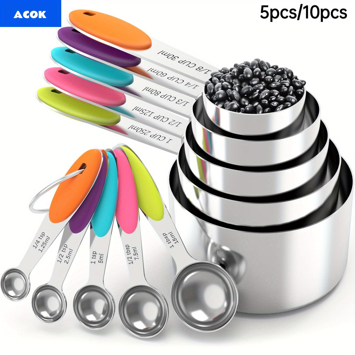 5pcs Measuring Spoon Set/10pcs Measuring Spoon Measuring Cup Set, Stainless Steel, With Silicone Handle, Precise Measuring Tool For Cooking | Essential For Christmas Baking