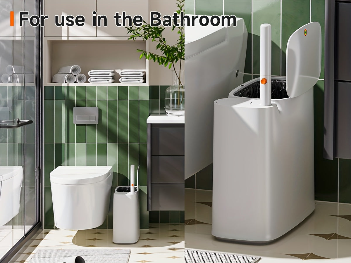 2-In-1 Trash Can with Toilet Brush And Brush Head | White Rectangular Modern Bathroom Narrow Seam Trash Can with Push-On Lid, Disposable Toilet Brush, Ivory, Bathroom Decor And Additions, Floor Mount, Plastic, JOYBOS