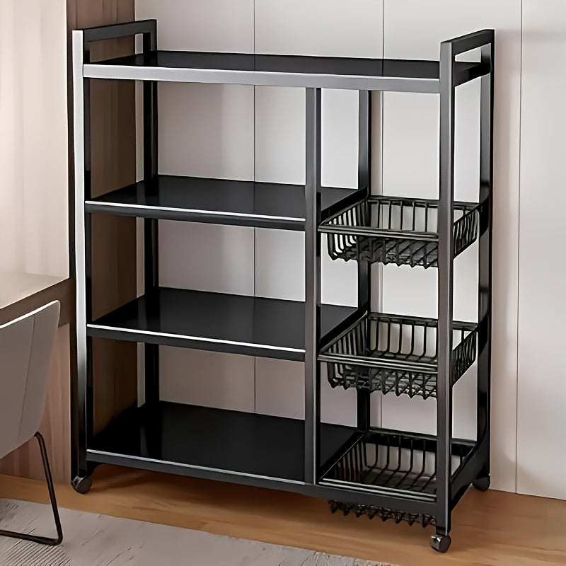 1pc Movable Storage Rack, Adjustable 4-storey Kitchen Shelf With 3 Wire Baskets, Kitchen Organizer And Storage, Metal Shelf Rack With Wheels, Suitable For Garage, Pantry, Bathroom, Closet, Warm House Gift, New Home, Standing Shelf