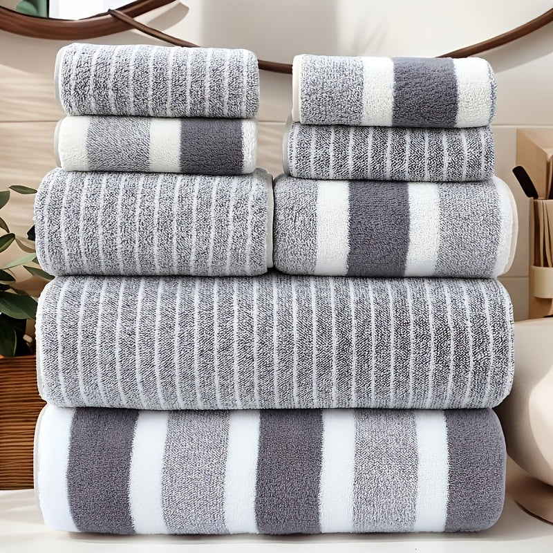 8pcs Lint-Free Super Absorbent Soft Five-Star Hotel Standard Two-Color Striped Spaced Bath Towel Set, Including 2 Large Bath Towels, 2 Medium Bath Towels And 4 Small Bath Towels, Wash Cloths