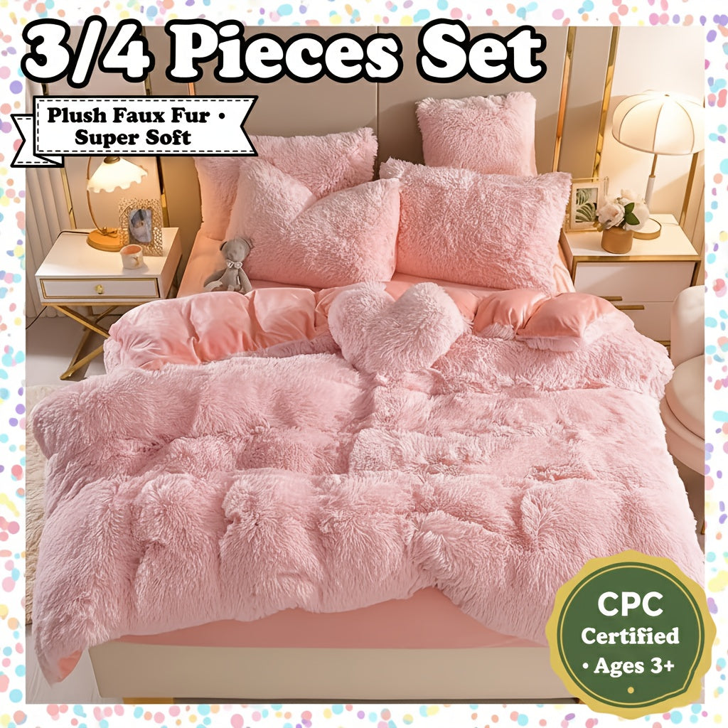 3/4pcs Plush Faux Fur Comforter Cover Set for Kids & Teens - Includes Pillowcases + Plush Heart Pillow - Twin/ Queen/ King Sizes - Super Soft, Warm, Machine Washable (Duvet Cover Only, No Comforter)