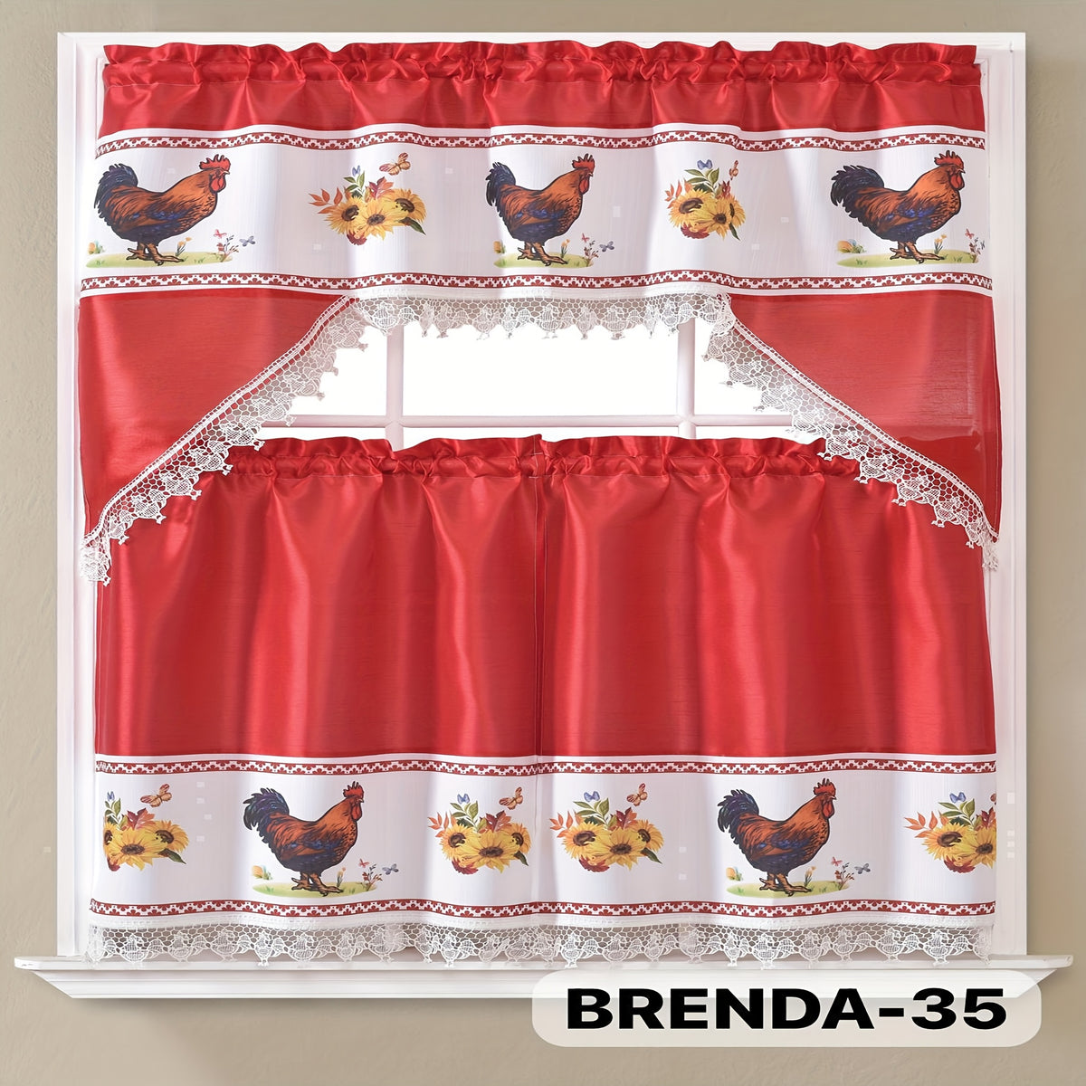 3pcs Bamboo Embroidered Kitchen Curtain Set, Floral Embroidery, Lightweight and Soft, Easy Care, Machine Washable, Satin Fabric, Embroidered