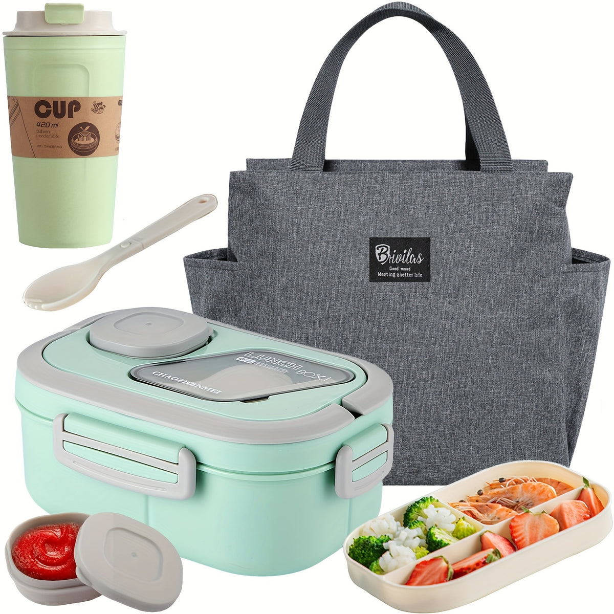 Two Tier Bento Lunch Box, Divided Meal Container in Pink, Blue, Green or White with Optional Cup and Lunch Bag Sets for School, Office and Picnics