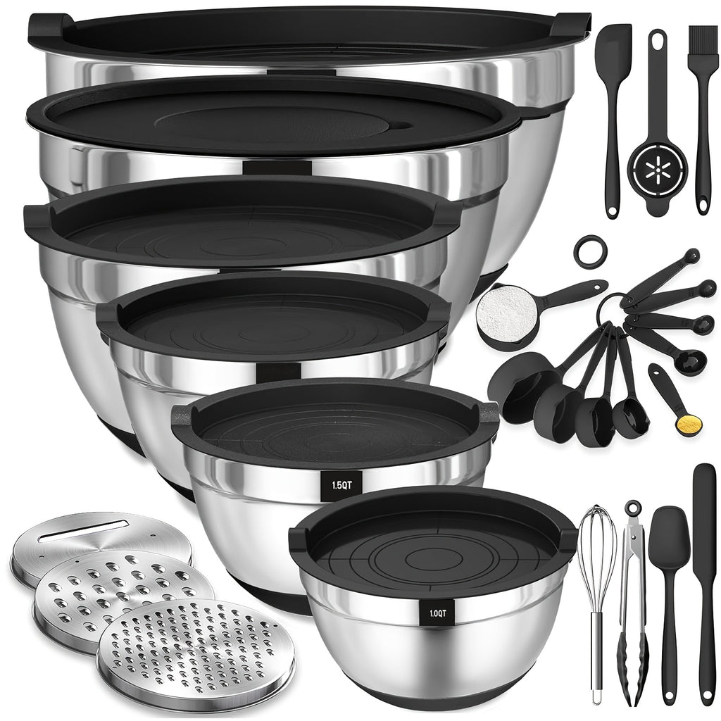 26pcs Mixing Bowls with Airtight Lids, Stainless Steel Bowls Set, 3 Grater Attachments & Black Non-Slip Bottoms Size 7, 4, 2.5, 2.0, 1.5, 1QT, Great for Mixing & Serving