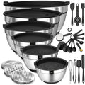 Mixing Bowls with Grater Attachments, 26-Piece Stainless Steel Set with Airtight Lids and Non-Slip Bases, Six Bowl Sizes for Baking, Mixing and Serving
