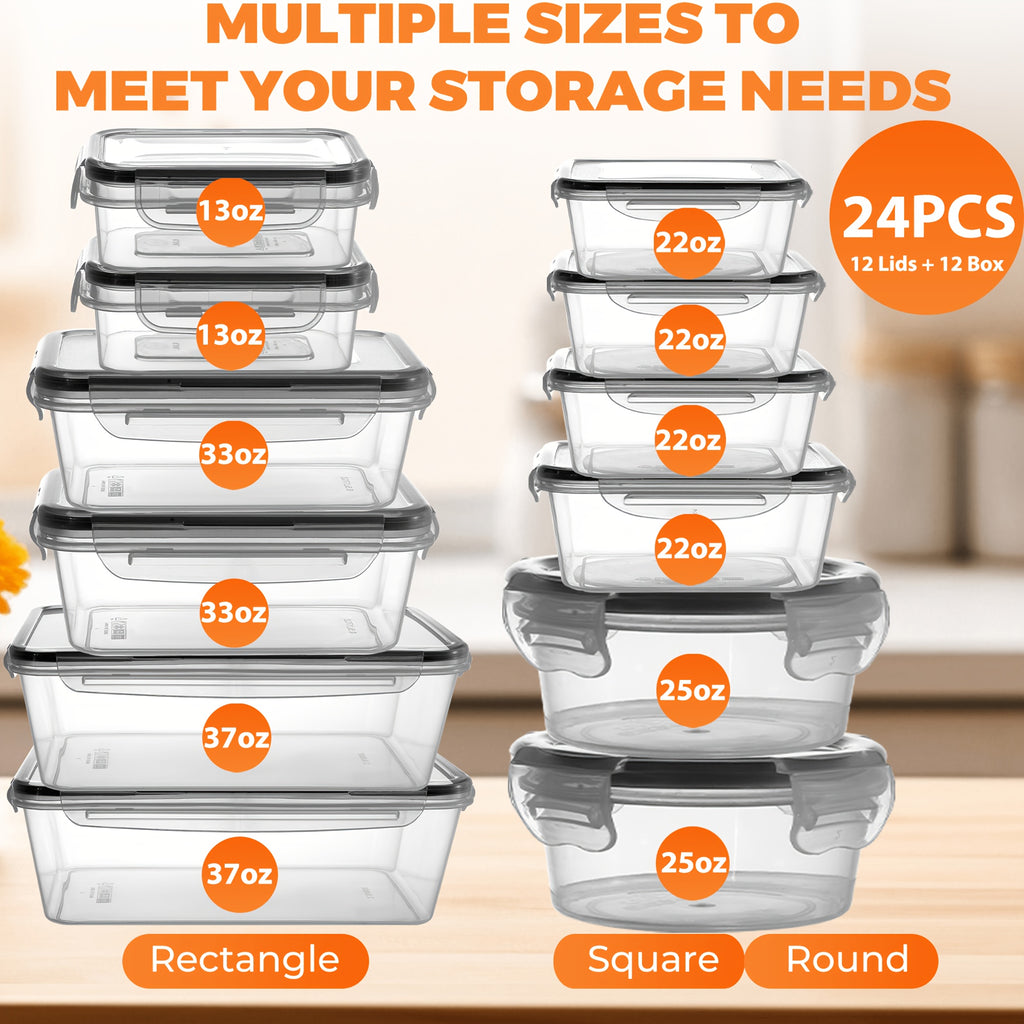 24/48/50pcs Includes 12/24/25 Containers, 12/24/25 LidsDeluxe Food Storage Container Set, High Quality - Airtight Seal, BPA-Free, Easy-Snap Lids, Stackable, Microwave Safe -, Free Labels and Kitchen Storage Marker, Perfect for Travel and Outdoor