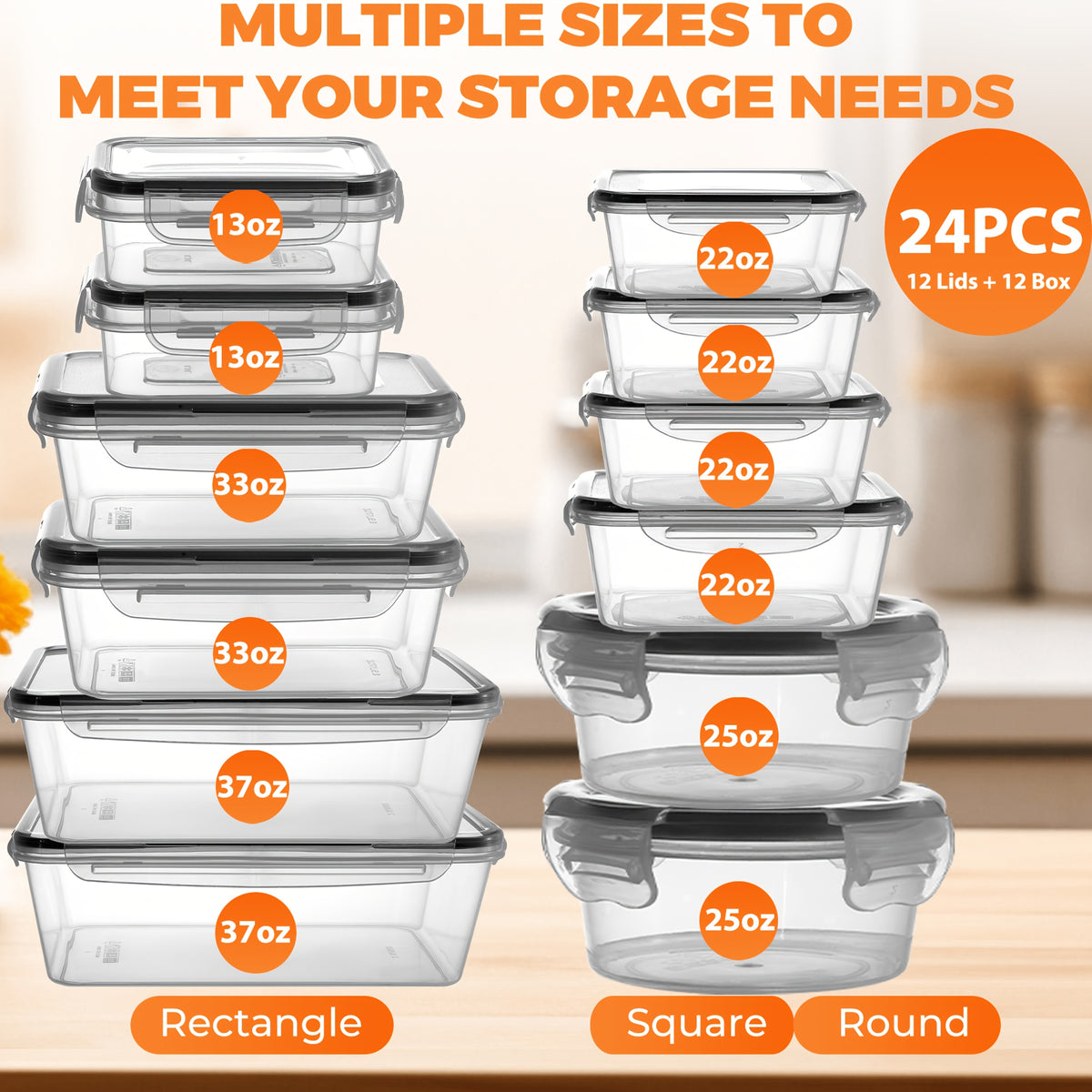 24/48/50pcs Includes 12/24/25 Containers, 12/24/25 LidsDeluxe Food Storage Container Set, High Quality - Airtight Seal, BPA-Free, Easy-Snap Lids, Stackable, Microwave Safe -, Free Labels and Kitchen Storage Marker, Perfect for Travel and Outdoor
