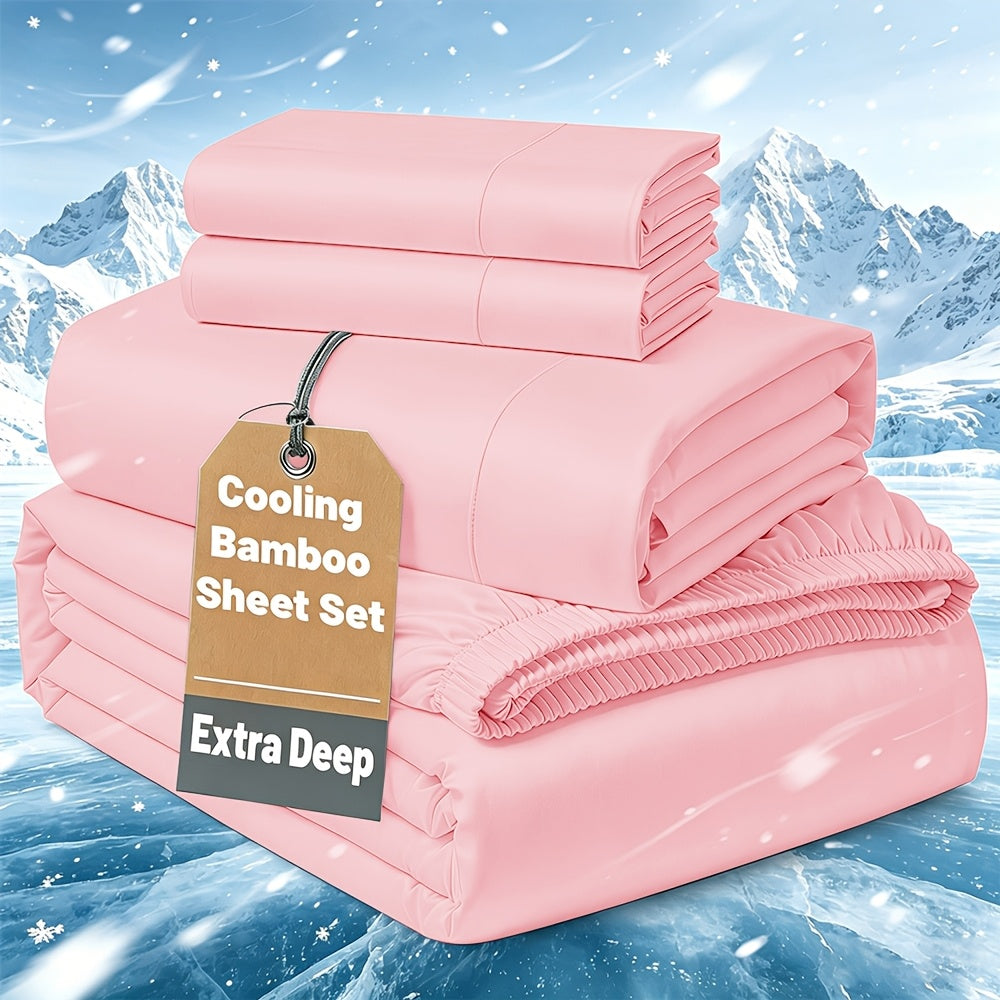 Cooling Bamboo Bedding Set with Flat Sheet, Deep Pocket Fitted Sheet and Pillowcases, Soft Breathable Sheets in 13 Colors for Twin Full Queen King