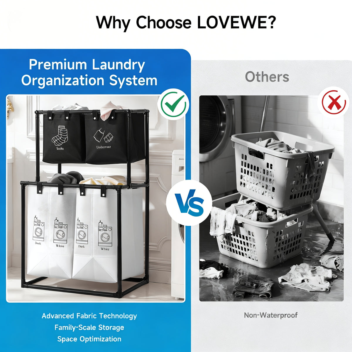 2 Compartment Laundry Hamper (No Wheels) - 2 Tier Laundry Sorter With Handles - Sturdy Metal Frame & Breathable Mesh Bags - Space Saving Clothes Organizer For Home, Apartment, Add 10 Cable Ties For Securing, Dirty Laundry Basket, Laundry Baskets