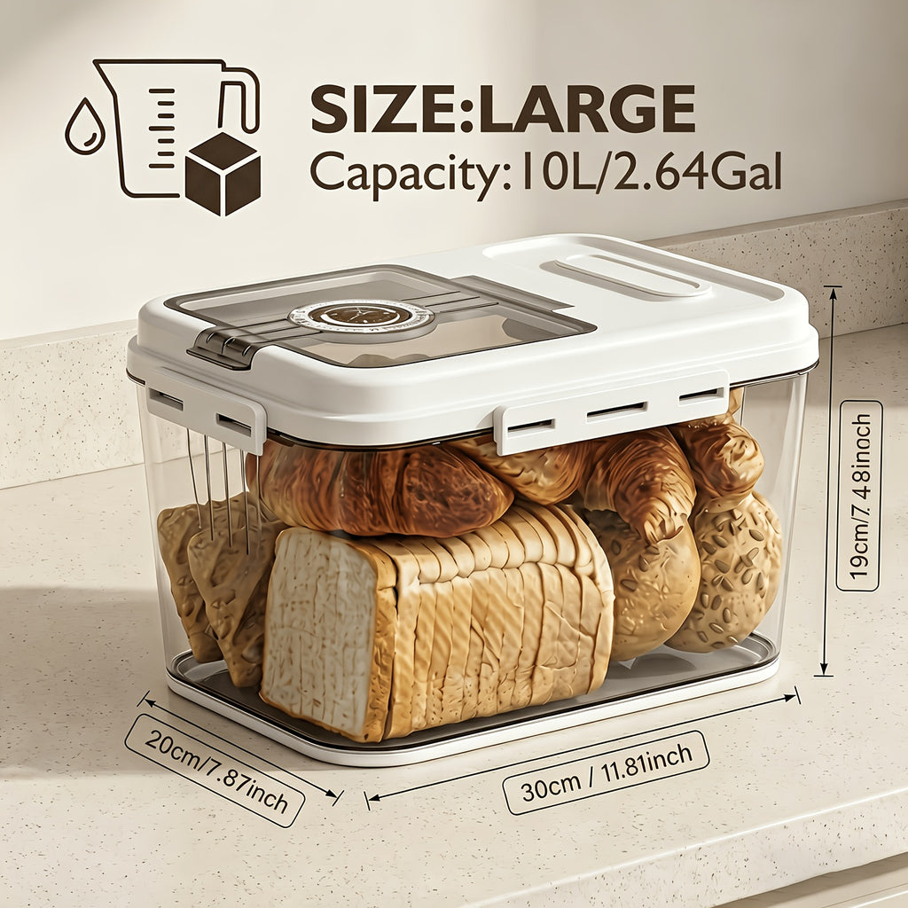 Airtight Bread Keeper with Date Dial, Clear PET Food Storage Container with White Flip-Top Lid for Homemade Bread, Rice and Kitchen Pantry Organization