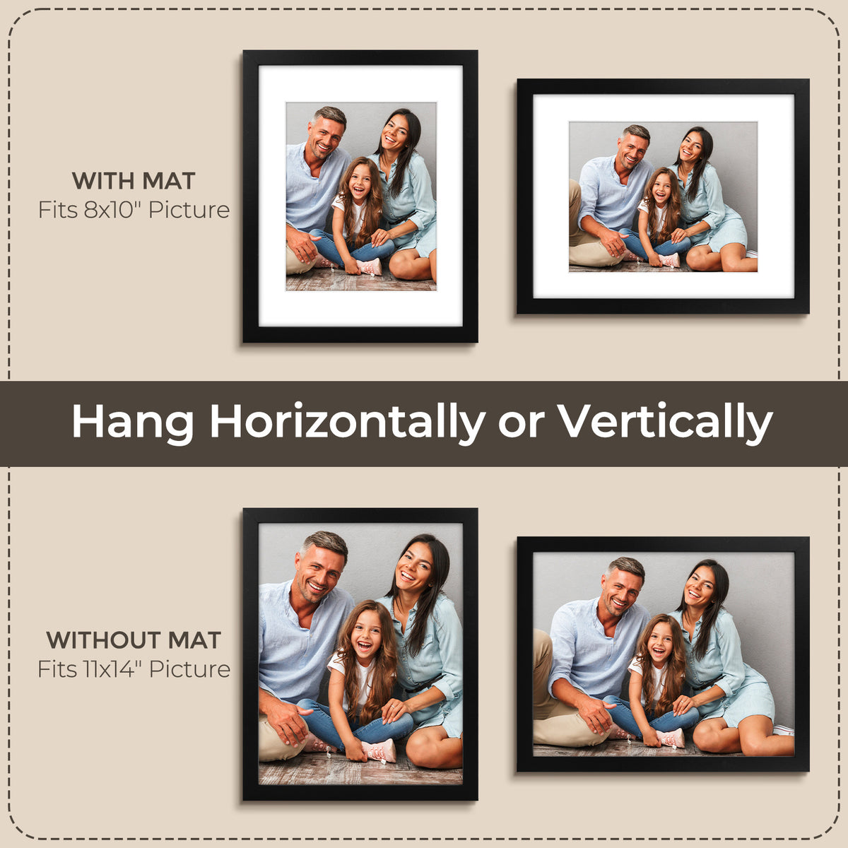 3 Pack 6x8/8x10/9x12/11x14/16x20 Picture Frames Set with Mat or without Mat, Engineered Wood Photo Frames with Plexiglass, for Wall or Tabletop Display - Gallery Wall Frames, Office Home Decor,Poster Frames