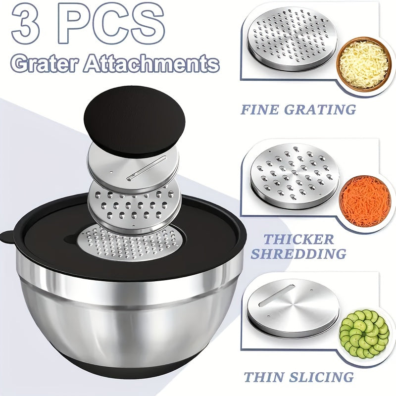 Mixing Bowls with Airtight Lids, 26pcs Stainless Steel Bowls Set, 3 Grater Attachments & Black Non-Slip Bottoms Size 7, 4, 2.5, 2.0, 1.5, 1QT, Great for Mixing & Serving