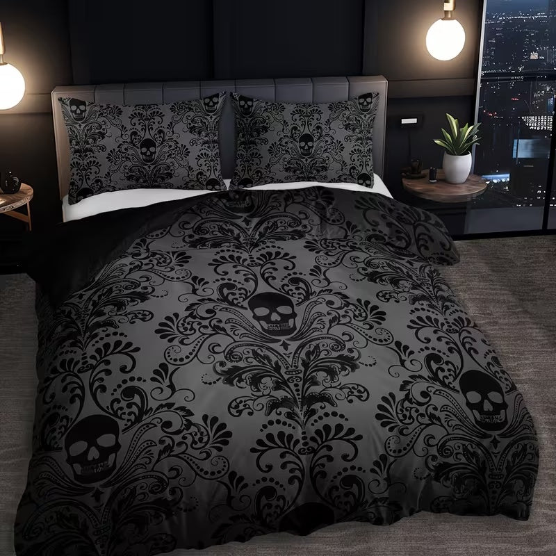 3pcs Black And White Skull Design Victoria Baroque Gothic Duvet Cover Set (1 Duvet Cover + 2 Pillowcases Without Pillow Insert), Halloween Collection, High Definition Numeric Print for Queen And King Size in Home Dormitory