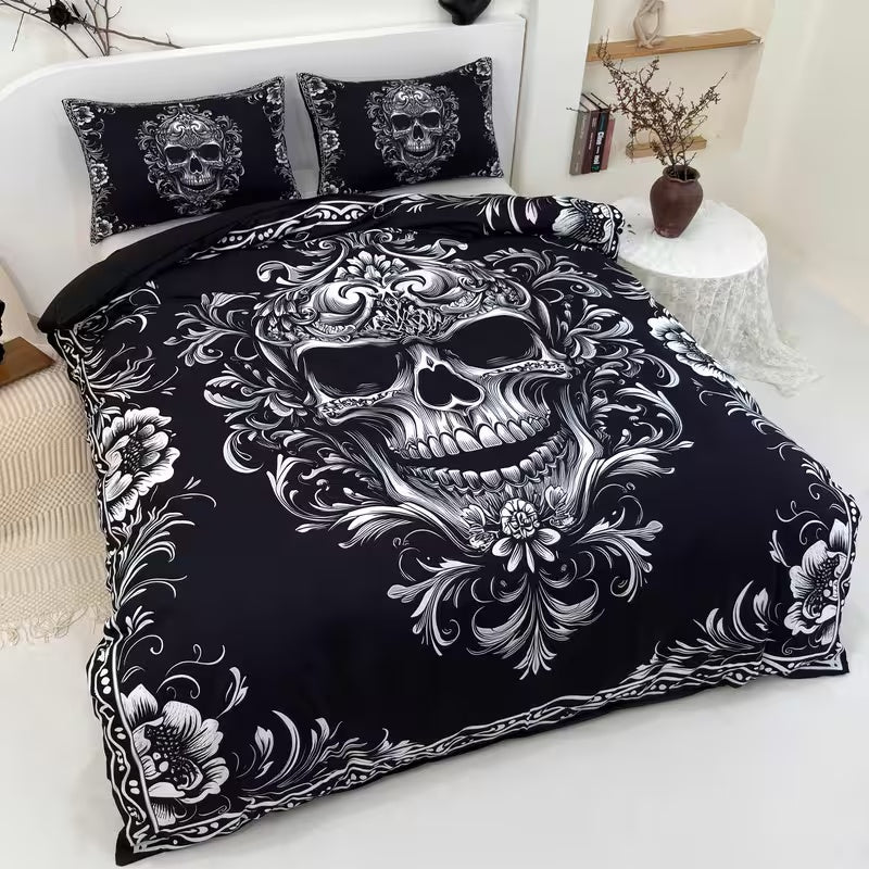 3pcs Black And White Skull Design Victoria Baroque Gothic Duvet Cover Set (1 Duvet Cover + 2 Pillowcases Without Pillow Insert), Halloween Collection, High Definition Numeric Print for Queen And King Size in Home Dormitory