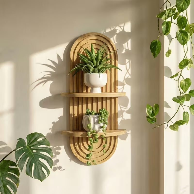 Plant Shelf Mid-Century Modern 1-2 Tier 15In Brown Wood Floating Shelves Wall Planter Holder & Boho Decor Hanging