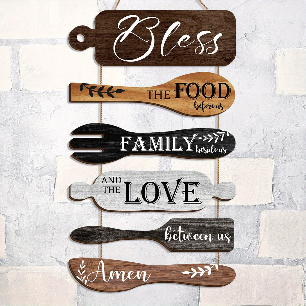 6 Pieces Bless The Food Before Us Farmhouse Kitchen Wall Decor Wood Board Set - Dining Room Decor Hanging Wall Art, Simple Rustic Style - Wood Rope Plaque Sign