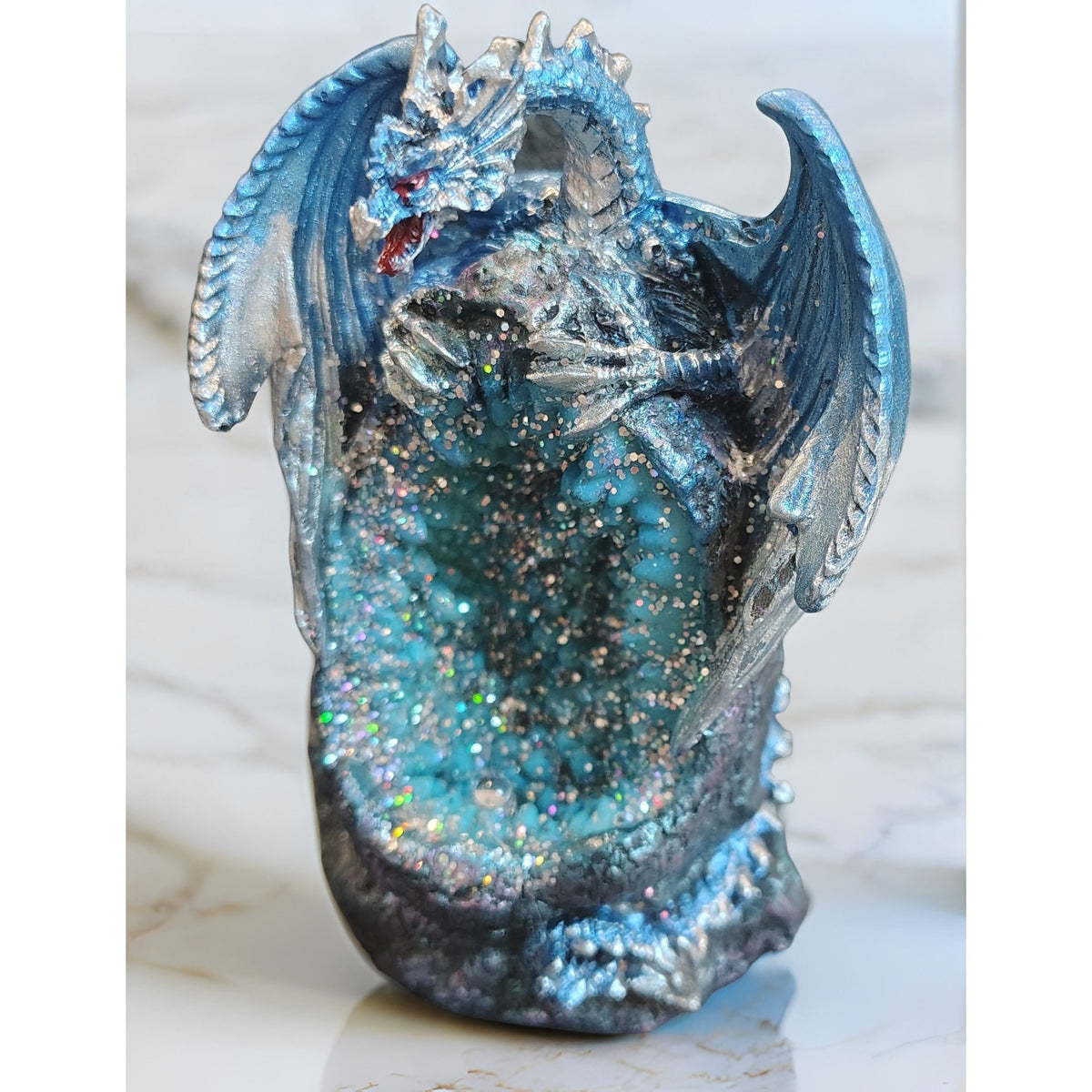 4" H Dragon Guarding Faux Crystal Cave Figurine Statue Home/Room Decor and Perfect Gift Ideas for House Warming, Holidays and Birthdays Great Collectible Addition
