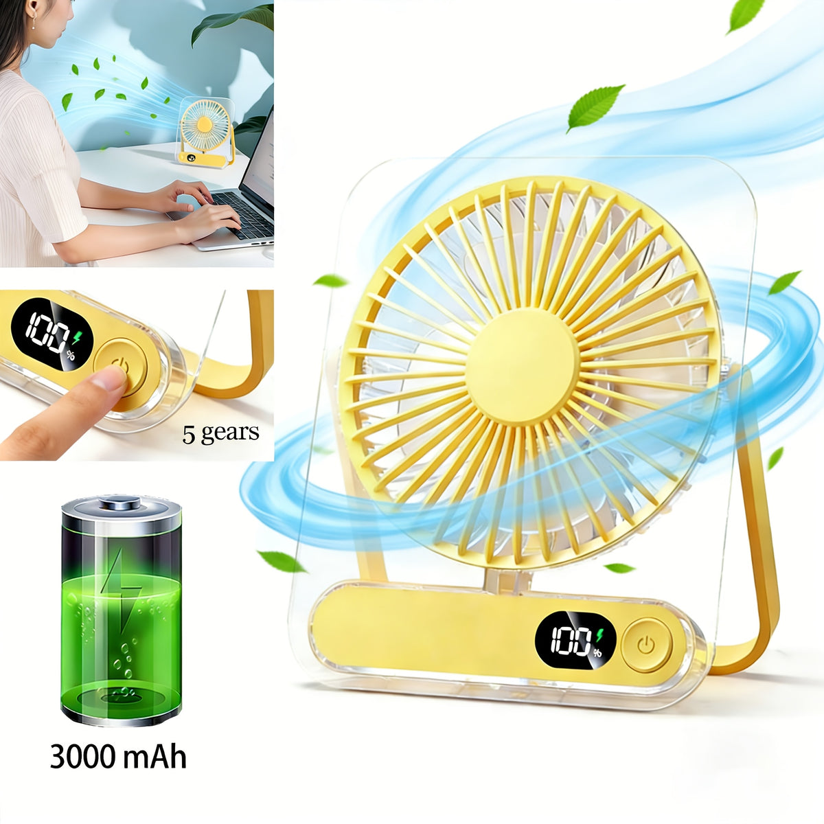 Portable USB Desktop Fan with 3000 Mah Battery - Ultra-Quiet, 5 Speeds, 180° Adjustable And Foldable Design, Digital Power Display, Suitable for Home, Office, And Travel Use, for Travel, For Outdoor Camping Travel
