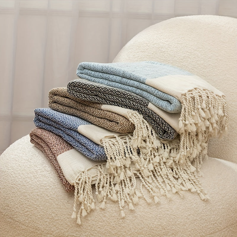 YEUZLI 100% Cotton Tassel Blanket, 49.21 X 70.87In (350GSM), Boho Diamond Grid, Breathable And Soft. Perfect for Snuggling on Beds And Sofas, Also Great for Picnics And Travel, an All-Season Essential, Machine Washable