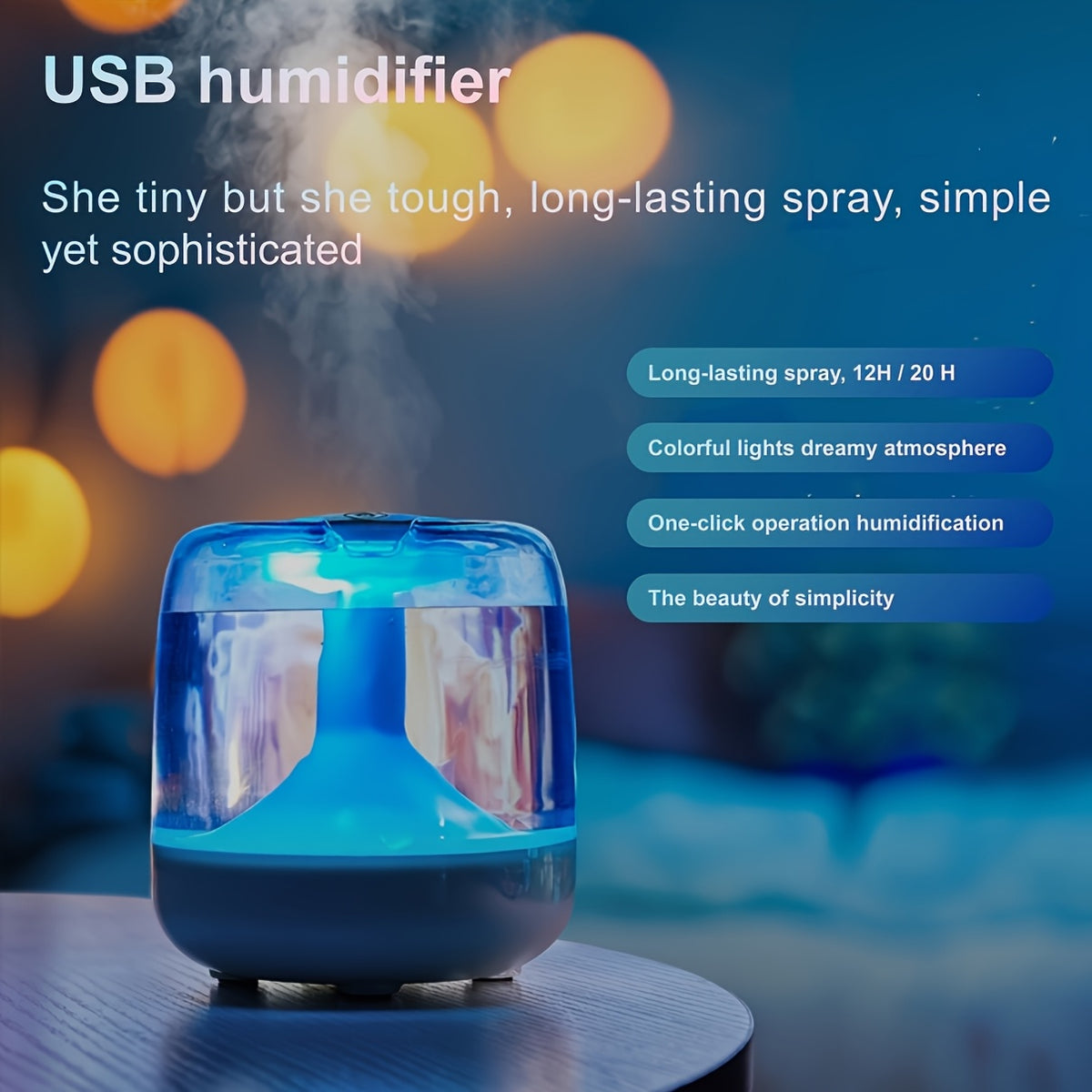 Quiet USB-Powered Humidifier Suitable for Home with 7-Color Night, Operation, Low Noise (26dB), Visible Water Level Indicator & 24 Runtime - ABS Cool Mist Diffuser for Bedroom,, Office, Perfect Gift for &