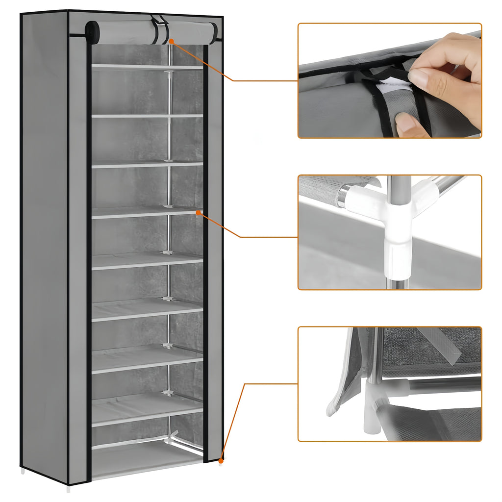 6/8/10 Layer High-Capacity Shoe Rack, with Dust Cover, Multi-Functional Storage Rack, Pipe Diameter 12Mm, Shoe Rack at The Door Saves Space, Easy to Assemble, Suitable for Household Shoe Racks And Wardrobes