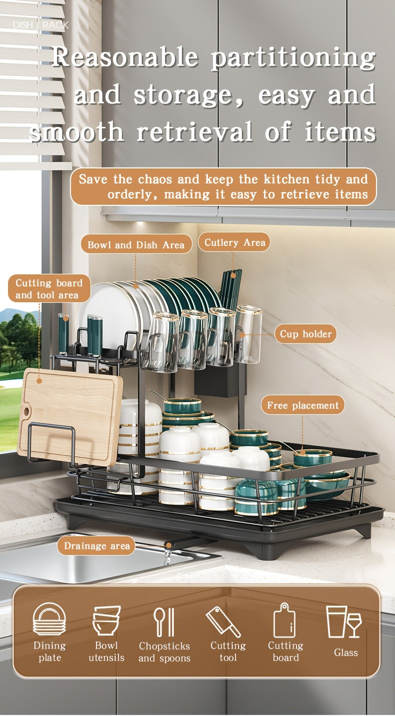 Double Tier Metal And Carbon Steel Cutlery Rack, Large And Durable, with Knife Fork And Cup Holders And Draining Board, Rustproof Two Tier, Space Saving for Kitchen Countertop, Make The Kitchen More Concise And Organized