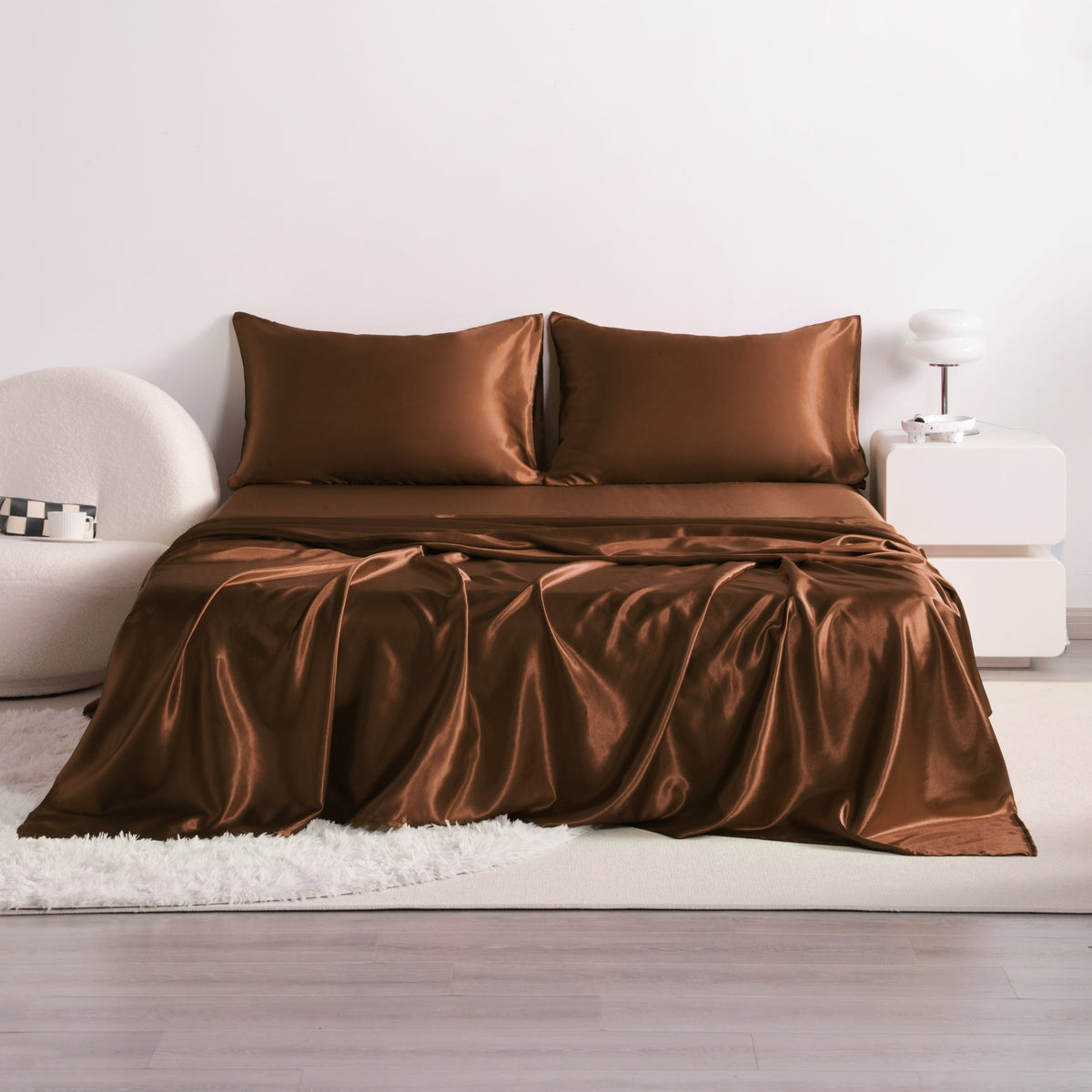 4pcs Cooling Satin Bed Sheet Set, Shrink-Resistant, Fade-Resistant, Hypoallergenic, Breathable,Flat Sheet & Fitted Sheet & Pillowcase Set with Deep Pocket, 300 Gsm
