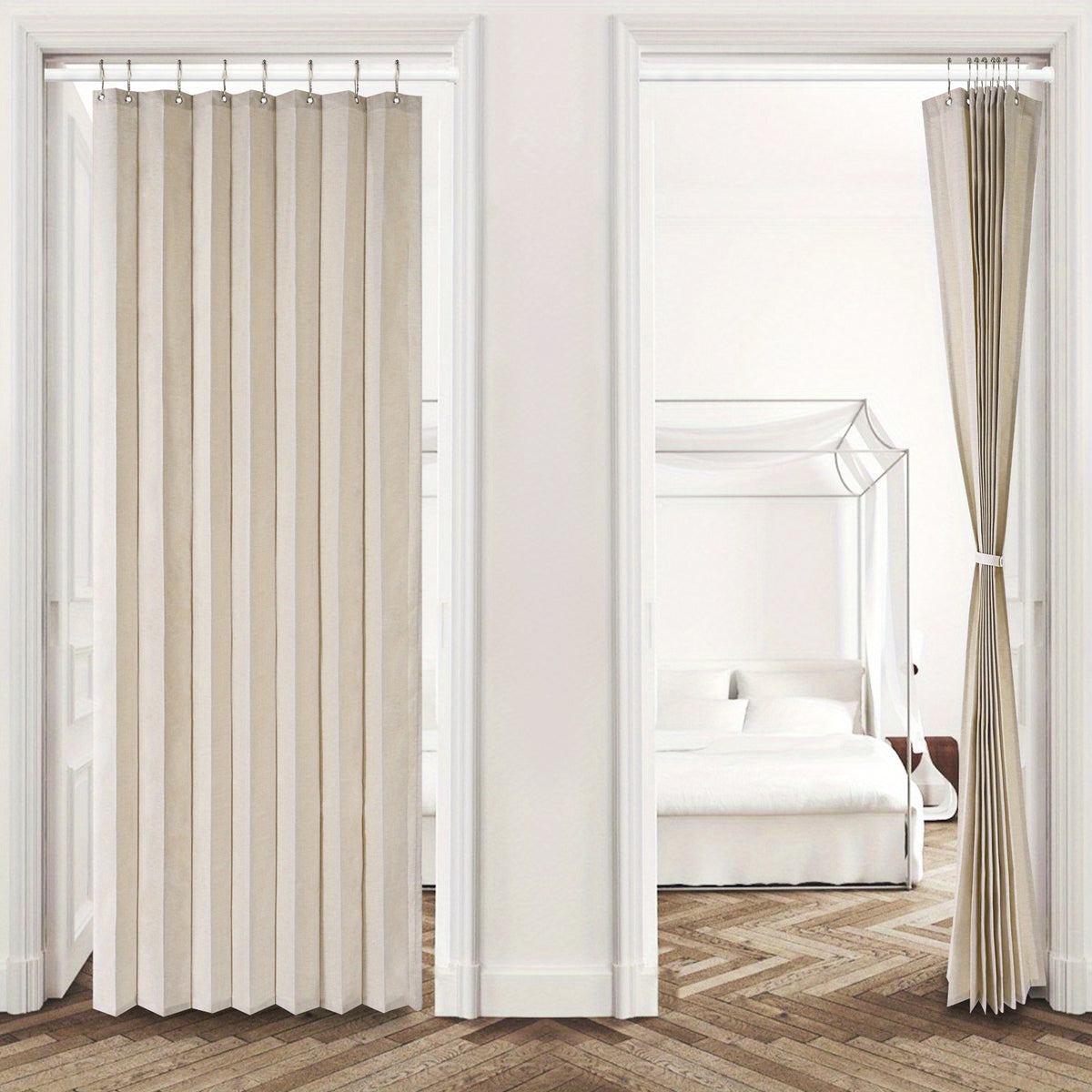 1pc Foldable Door Curtain, No-Rods Partition Privacy Waterproof, with Hook Attachment And Binding, All Season Available Bathroom
