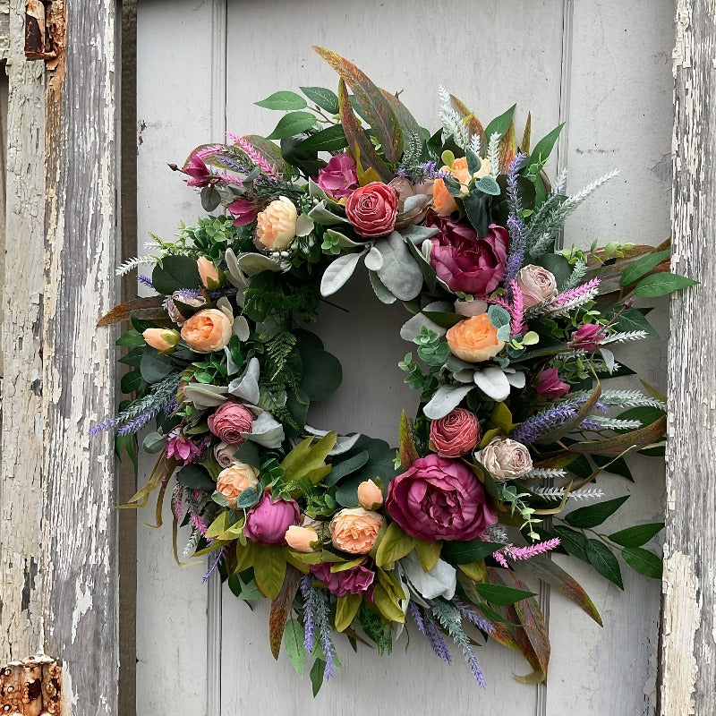 Elegant Peony & Roses Wreath with Pink, Purple, Peach, & Green Foliage - Durable Plastic Farmhouse Door Decoration for Spring Summer Home Decor, Contemporary Floral Wreath with Lush Foliage & Pastel Hues, Easy to Install with Adhesive/Screws, All-Season I