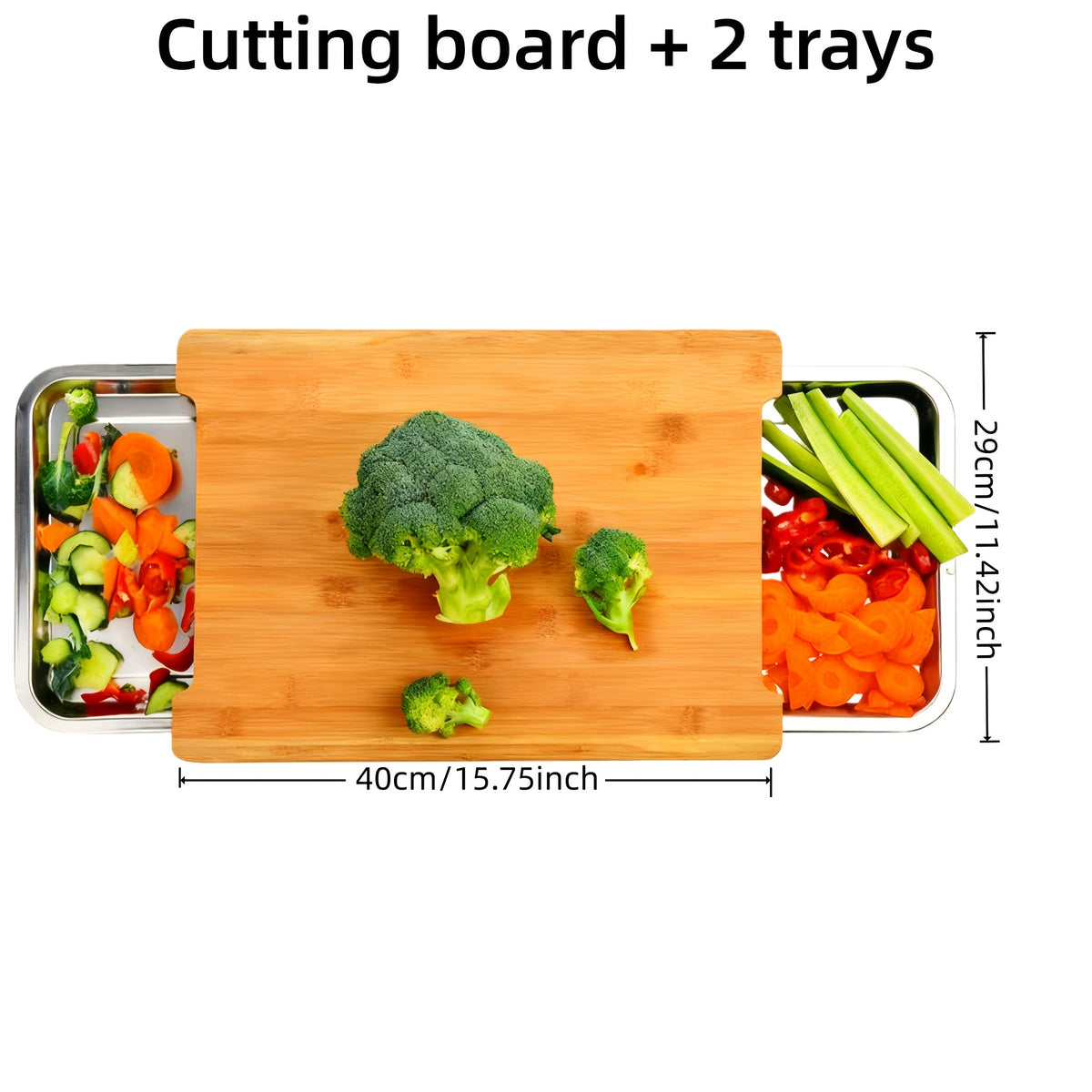 Bamboo Cutting Board with Trays, Raised Kitchen Prep Station with Food Transfer Opening and Integrated Handles for Vegetables, Fruit and Meal Preparation