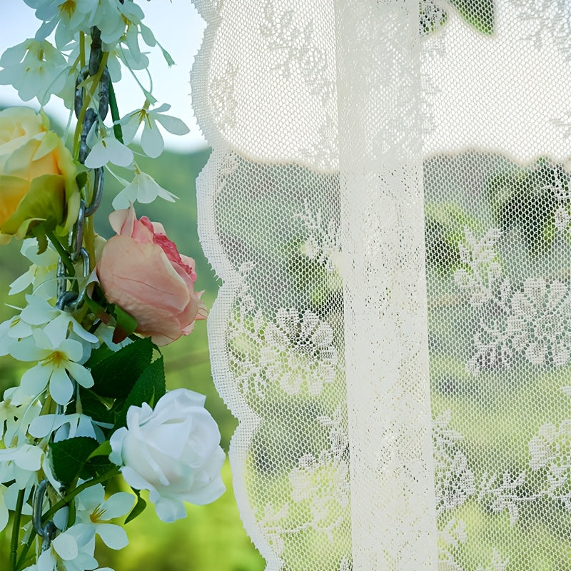 Romantic Pastoral Lace Sheer Curtain for Balcony and Office, Translucent Window Drapery with Floral Pattern, Machine Washable Polyester, Rod Pocket Design - 1pc